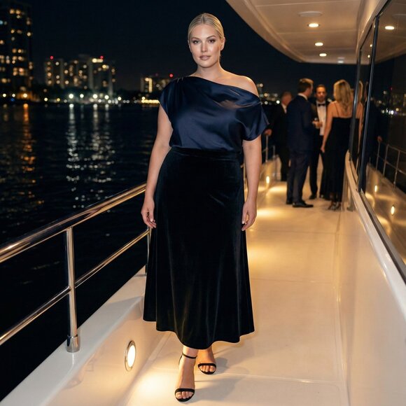 Vintage R&K Evening Black Velvet A-Line Maxi Skirt Stretch Waist Made in USA - Picture 2 of 9